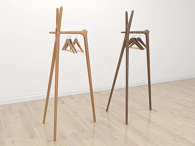 Two Tone Wooden Tripod Clothes Hangers With Small Hangers On Wooden Floor White Wall 3d model