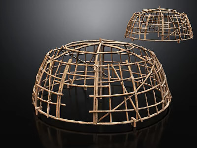 Two Bamboo Hemispherical Tent Frames With Open Framework And Natural Structure 3d model