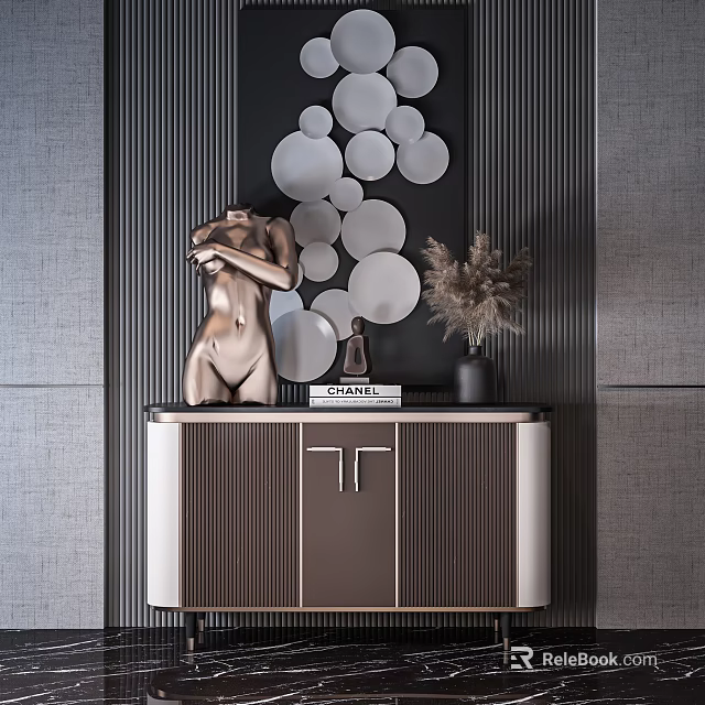 Elegant Modern Entryway Console Cabinet with Sculpture Vase And Circular Wall Decor 3d model 