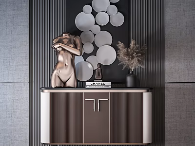 Elegant Modern Entryway Console Cabinet with Sculpture Vase And Circular Wall Decor 3d model
