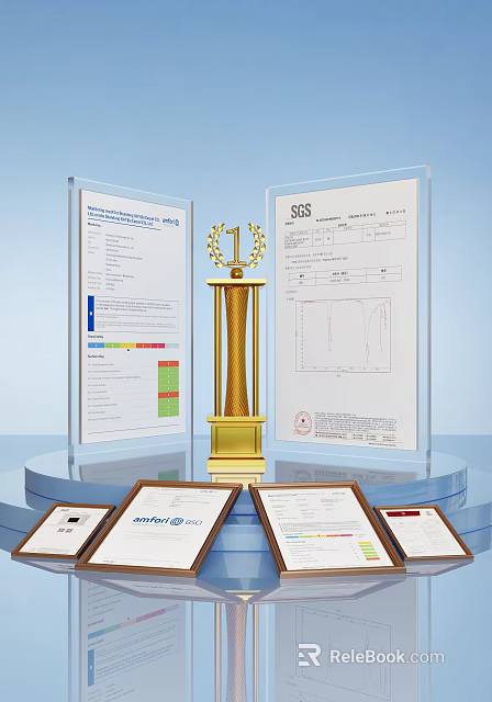 Golden Trophy Display With SGS Certificates And Award Documents On Stand 3d model 