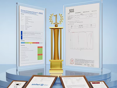 Golden Trophy Display With SGS Certificates And Award Documents On Stand 3d model