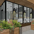 Modern Cafe Exterior With Wooden Roof Glass Facade And Patio Seating