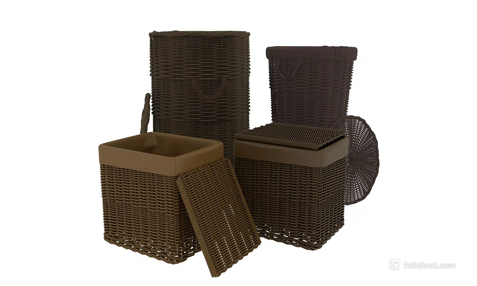 Brown Woven Storage Baskets With Lids For Home Organizing Solutions 3d model 