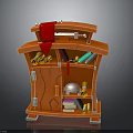 Orange Wooden Cabinet With Multiple Shelves Holding Scrolls Books Green Folders And White Helmet