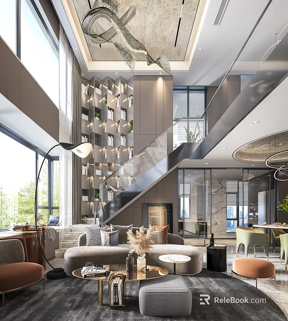 Spacious Loft Living Room With Modern Decor And Staircase 3d model 