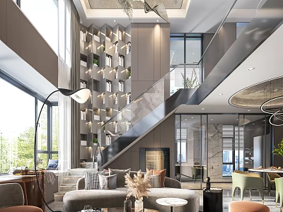 Spacious Loft Living Room With Modern Decor And Staircase 3d model