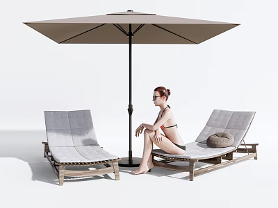 Comfortable Outdoor Lounge Chairs With Wooden Frame Gray Cushions Patio Umbrella And Woman Sitting 3d model