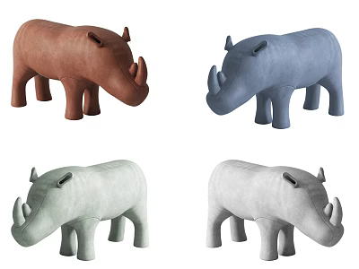 Four Different Colored Rhino Plush Toys In Brown Blue Green And Gray 3d model
