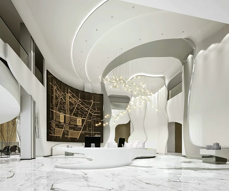 Modern Reception Area With White Front Desk Marble Floor And Chandelier Wall Art 3d model 