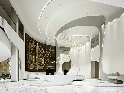 Modern Reception Area With White Front Desk Marble Floor And Chandelier Wall Art 3d model