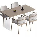 Light Brown Dining Table Set With Four Beige Cushioned Chairs And Fruit Bowl 3d model