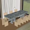 Modern Dining Table Set with Marble Top and Minimalist Chairs Large Windows Green Lawn View