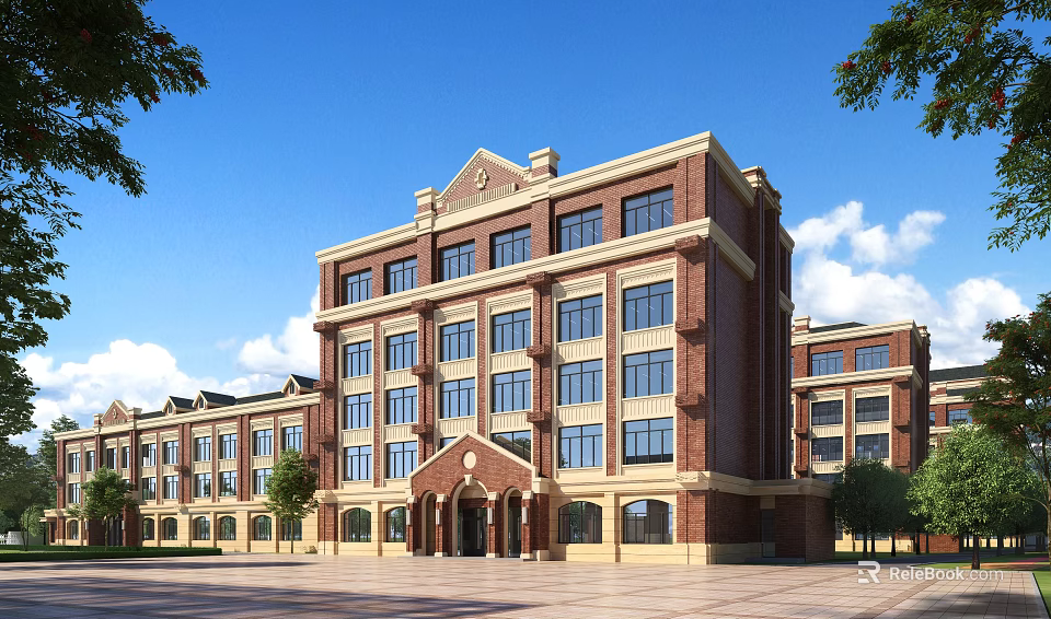 Red Brick Multi Story School Building With Beige Exterior Windows Plaza And Surrounding Trees 3d model 