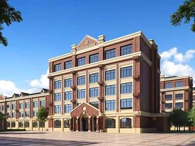 Red Brick Multi Story School Building With Beige Exterior Windows Plaza And Surrounding Trees 3d model