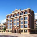 Red Brick Multi Story School Building With Beige Exterior Windows Plaza And Surrounding Trees