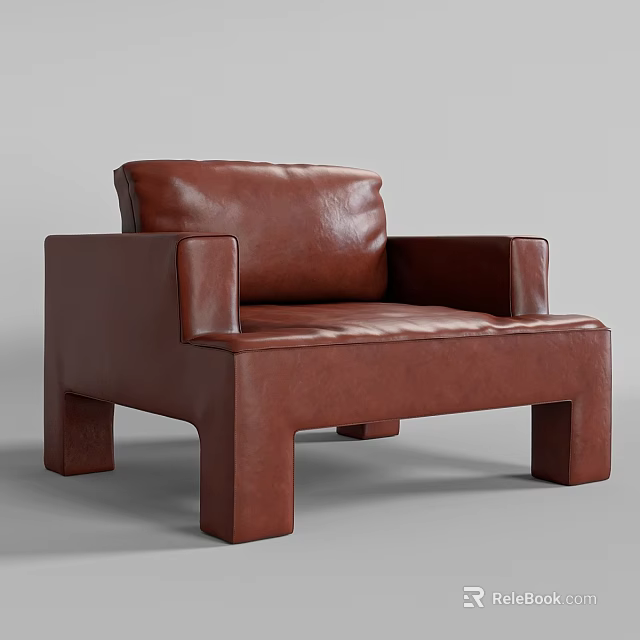 Modern Brown Leather Leisure Chair With Square Arms And Square Legs 3d model 
