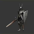 A Man in Horned Helmet and Metallic Armor Holding Long Sword and Shield