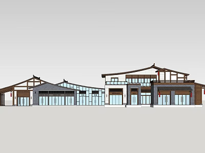 Traditional Chinese Roof Commercial Complex Featuring Glass Curtain Walls And Modern Design Elements 3d model