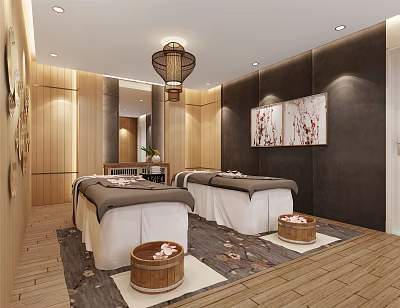Serene SPA Sauna Room Interior With Comfortable Massage Beds Wooden Buckets And Warm Lighting 3d model