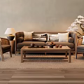 Cozy Sofa and Coffee Table Set With Wicker Armchair Table Lamp and Cherry Blossom Decor