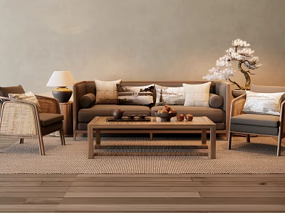 Cozy Sofa and Coffee Table Set With Wicker Armchair Table Lamp and Cherry Blossom Decor 3d model