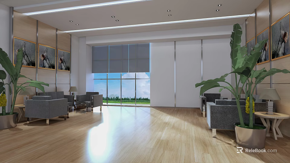 Modern Conference Room With Wooden Flooring Large Windows Roller Blinds Green Lawn And Gray Sofas 3d model 