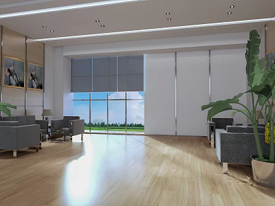 Modern Conference Room With Wooden Flooring Large Windows Roller Blinds Green Lawn And Gray Sofas 3d model