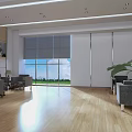 Modern Conference Room With Wooden Flooring Large Windows Roller Blinds Green Lawn And Gray Sofas