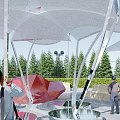 Modern Tensile Membrane Outdoor Structure With Supporting Frames And Green Trees