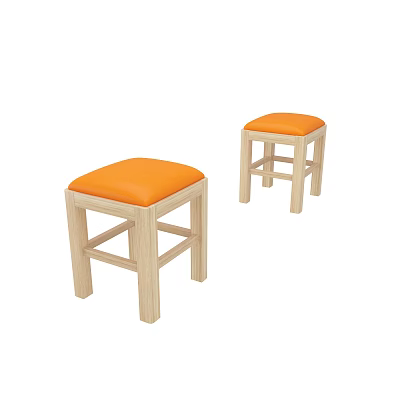 Wooden Stools With Orange Cushioned Seats And Sturdy Legs For Kitchen Island Use 3d model