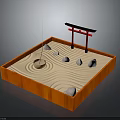 Japanese Zen Garden With Orange Wooden Frame Sand Raked Patterns Stones And Red Torii Gate