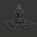 Ornate Ancient Stone Tower With Flame Decorations Square Platform Steps And Statues
