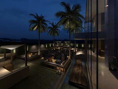 Rooftop Garden At Night With Palm Trees Lighting And Modern Seating Areas 3d model