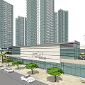 Modern Commercial Complex with High Rise Buildings Overpass Plaza Greenery and Vehicles