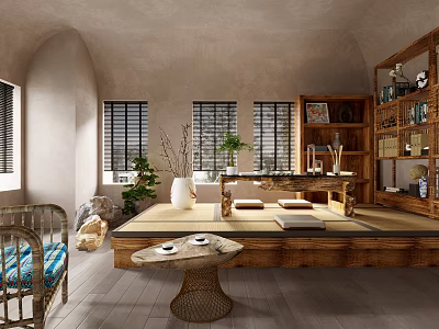 Serene Japanese Interior Featuring Arched Ceiling Raised Platform Cushions Wicker Table And Bookshelf 3d model