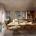 Serene Japanese Interior Featuring Arched Ceiling Raised Platform Cushions Wicker Table And Bookshelf