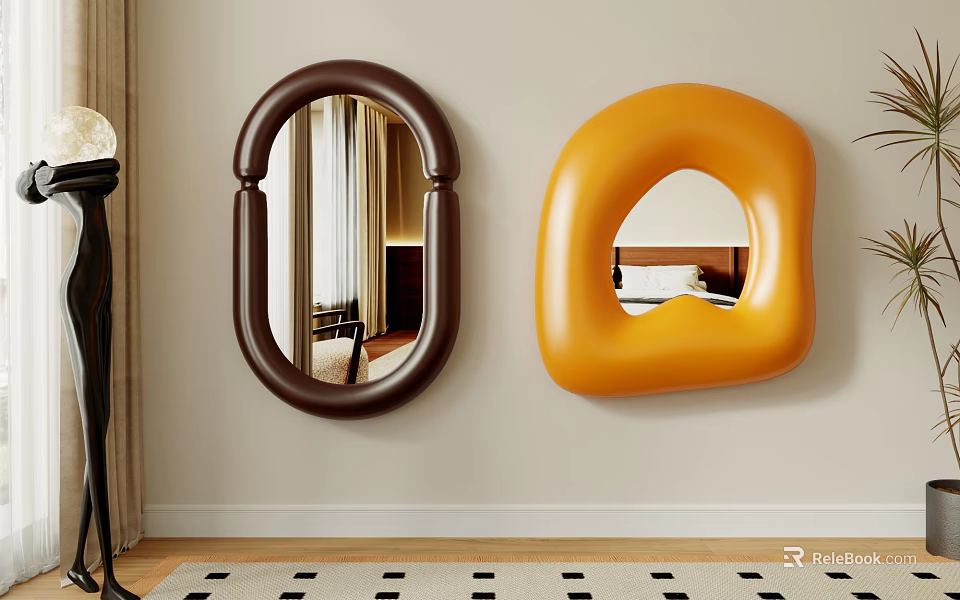 Decorative Brown Oval And Orange Irregular Mirrors With Unique Frames On Wall 3d model