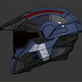Futuristic Blue Combat Helmet With Red Stripe And Orange Visor Design