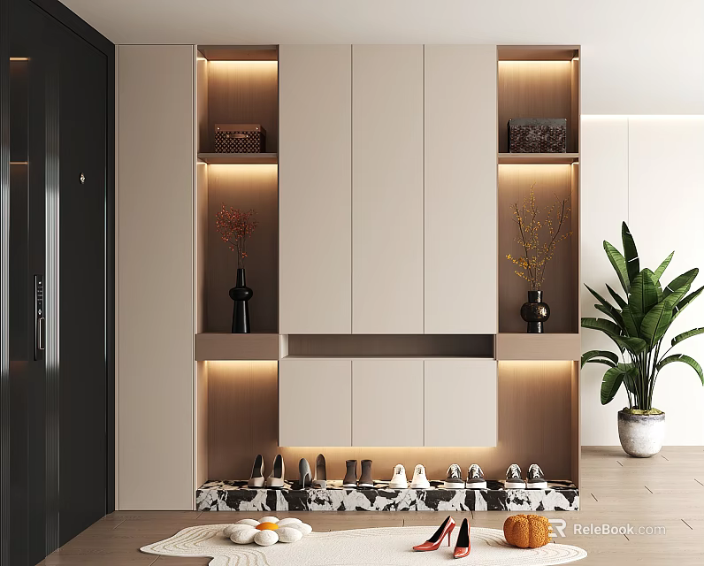 Modern Shoe Cabinet In Entryway With Luminous Shelves Decorative Vases And Organized Shoes 3d model 