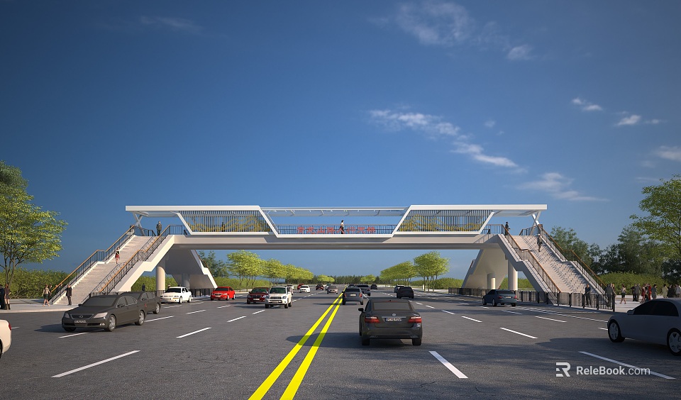 Modern Urban Pedestrian Bridge Over Busy Road With Traffic Cars And Blue Sky 3d model 