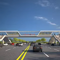 Modern Urban Pedestrian Bridge Over Busy Road With Traffic Cars And Blue Sky