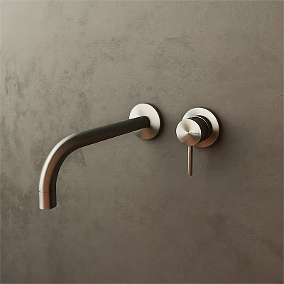 Modern Metal Faucet Mounted On Gray Wall With Curved Spout And Knob Handle 3d model
