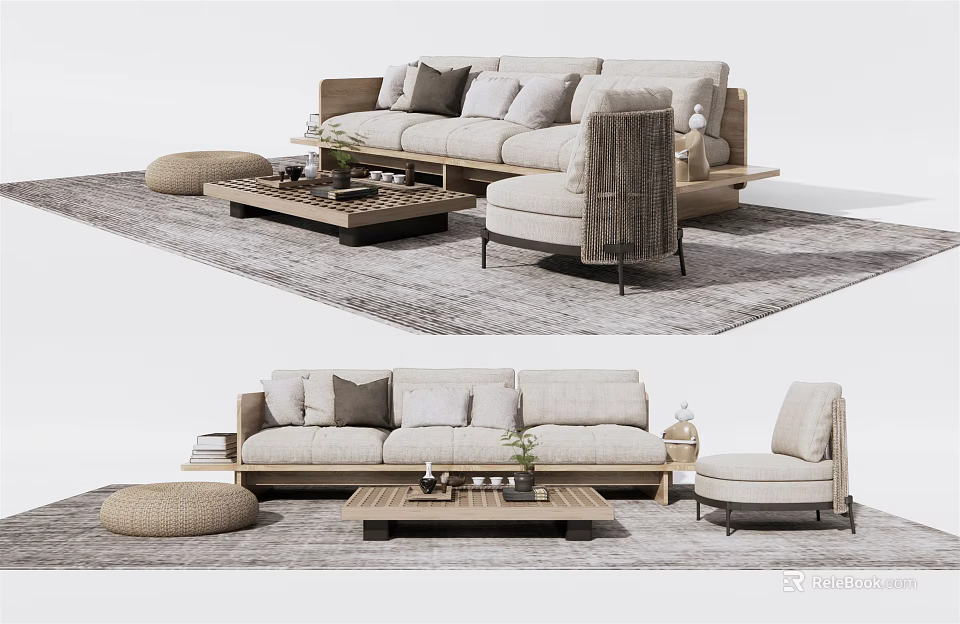 Minimalist Beige Sofa Coffee Table Set With Decorative Pillows Gray Rug And Wooden Ottoman 3d model 