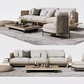 Minimalist Beige Sofa Coffee Table Set With Decorative Pillows Gray Rug And Wooden Ottoman