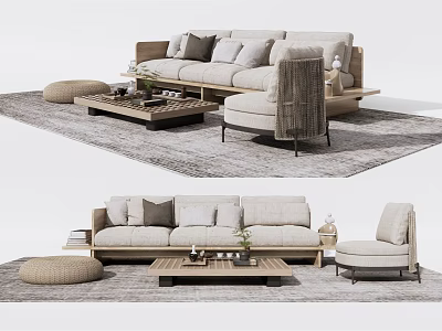 Minimalist Beige Sofa Coffee Table Set With Decorative Pillows Gray Rug And Wooden Ottoman 3d model