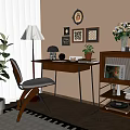 Wooden Desk With Table Lamp Small Plant Clock Mug Decorative Paintings Round Mirror And Bookshelf