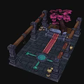 Ancient Courtyard 3D Model With Pink Cherry Blossom Tree Stone Path Lanterns And Blue Pond