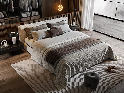 Warm Double Bed with Multiple Pillows Gray Brown Quilt Nightstand Table Lamp and Wooden Floor 3d model