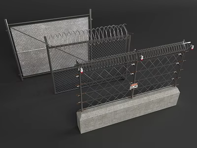 Various Styles Of Metal Wire Mesh Fences With Concrete Base Structure 3d model
